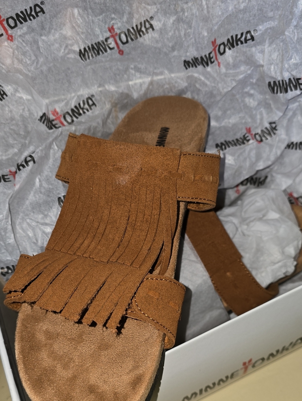 Minnetonka Tan Suede Fringe Slide Mules (NWB)